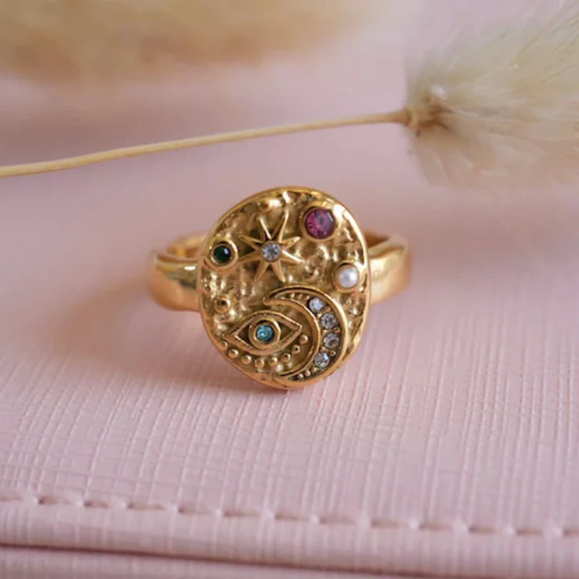 Vintage Gold Colorful Inlaid Stone Ring-Ariette Jewelry