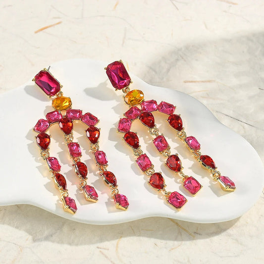 Vintage Red & Pink Crystal Gold Earrings-Ariette Jewelry