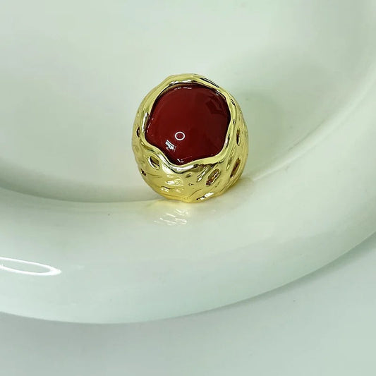Vintage Textured Gold & Red Stone Adjustable Ring-Ariette Jewelry