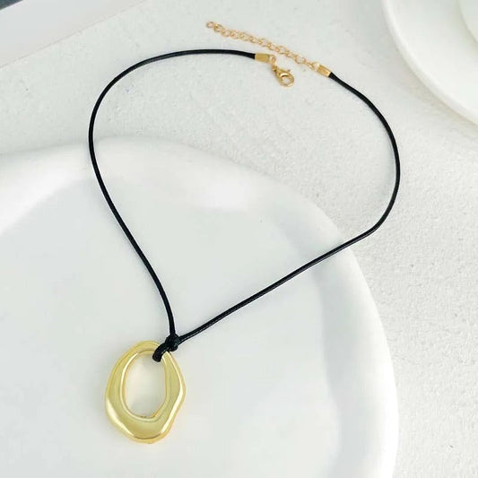 Gold Abstract Oval Pendant & Adjustable Black Rope Necklace-Ariette Jewelry