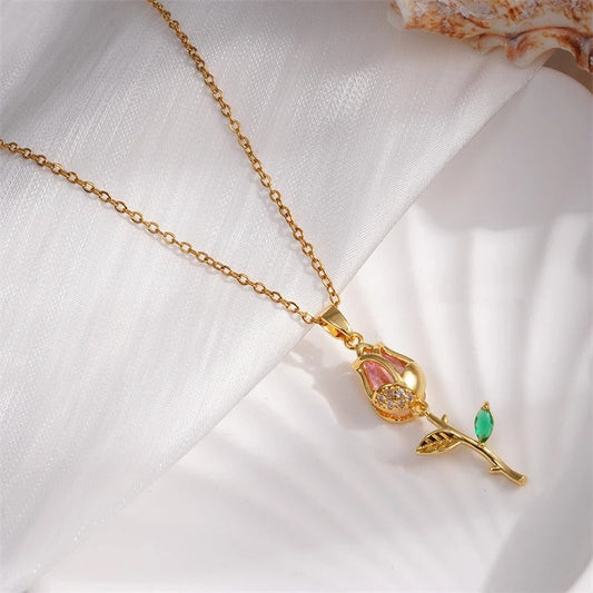 Vintage Gold Pink Tulip Pendant Necklace-Ariette Jewelry