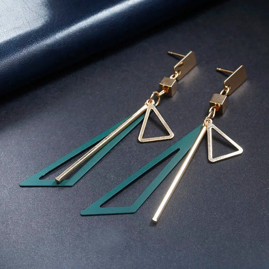Vintage Gold Green Triangle Bar Drop Earrings-Ariette Jewelry