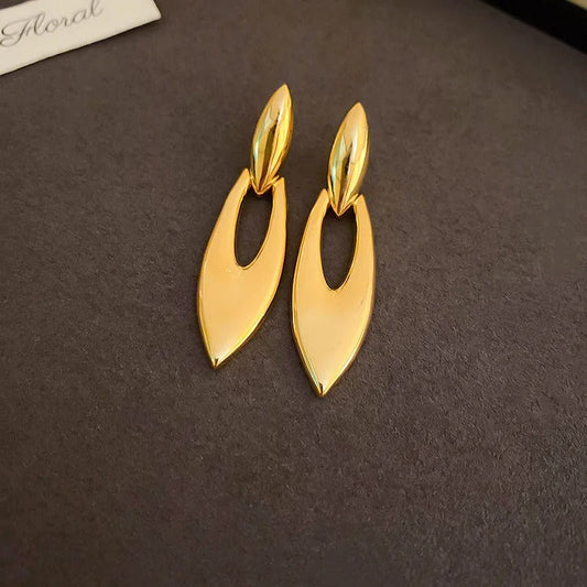 Classic Gold Sleek Leaf Shape Drop Earrings-Ariette Jewelry