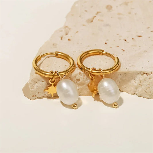Vintage Gold Star Charm & White Pearl Hoop Earrings-Ariette Jewelry