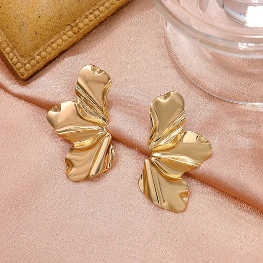 Vintage Gold Petal-Shaped Glossy Earrings-Ariette Jewelry