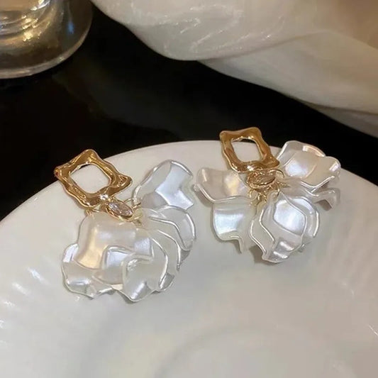Vintage Gold Frame White Pearl Flower Earrings-Ariette Jewelry