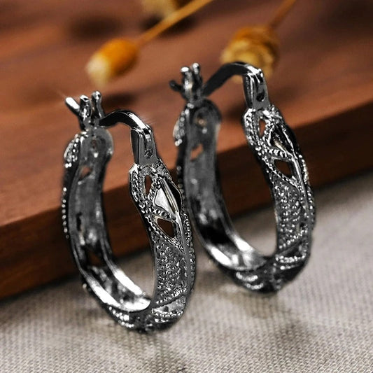 Vintage Black Hollow Leaf Earrings-Ariette Jewelry