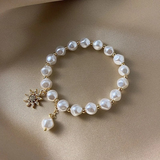 Gold White Pearl & Sunflower Pendant Bracelet-Ariette Jewelry