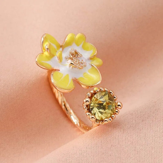 Vintage Yellow Floral Design & Golden Gemstone Open Ring-Ariette Jewelry