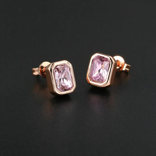 Classic Rose Gold Pink Rectangular-Cut Design Earrings-Ariette Jewelry