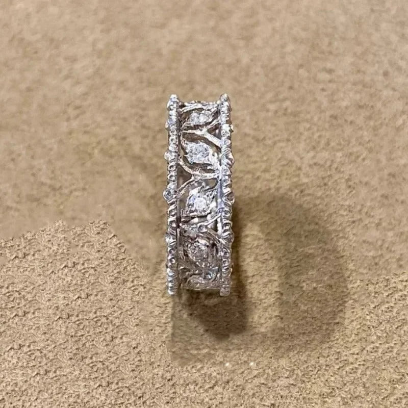 Vintage Silver & Diamond Carved Leaf Adjustable Ring-Ariette Jewelry