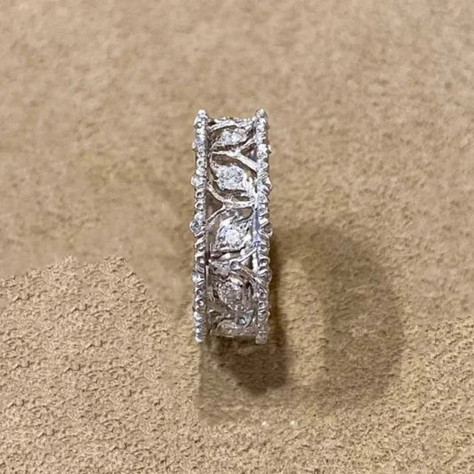Vintage Silver & Diamond Carved Leaf Adjustable Ring-Ariette Jewelry