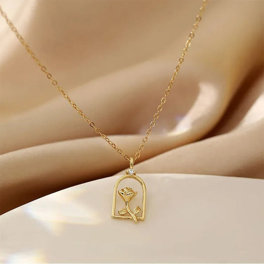 Vintage Gold Arch Frame Rose Pendant Necklace-Ariette Jewelry