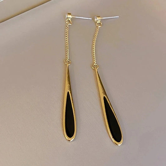 Vintage Gold Black Teardrop Dangle Earrings-Ariette Jewelry