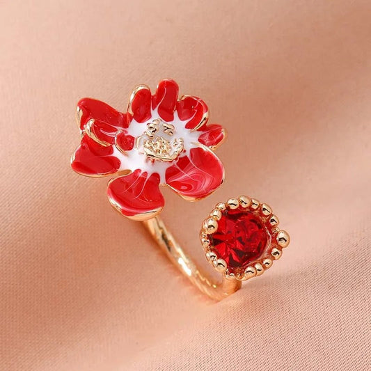 Vintage Red Flower & Radiant Red Gemstone Open Ring-Ariette Jewelry