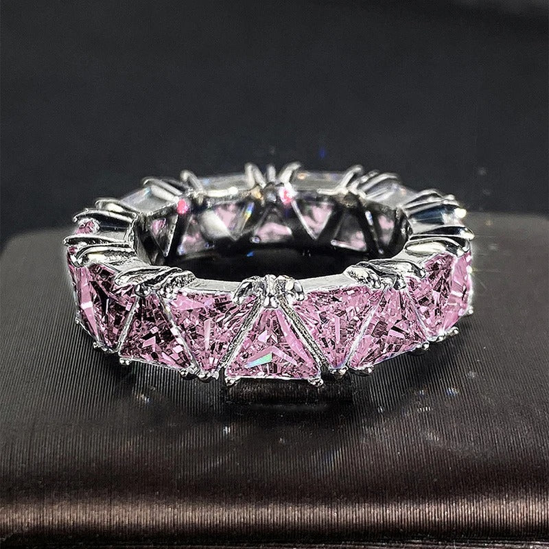 Vintage Silver & Sparkling Pink Triangular Band Ring-Ariette Jewelry