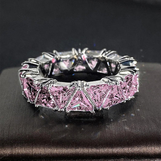 Vintage Silver & Sparkling Pink Triangular Band Ring-Ariette Jewelry