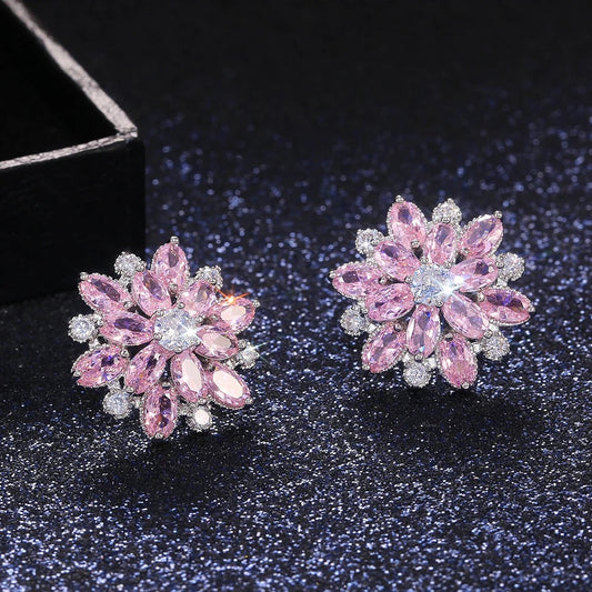 Flower Shape Pink & White Crystal Earrings-Ariette Jewelry