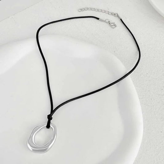 Silver Abstract Shape Pendant & Black Cord Necklace-Ariette Jewelry