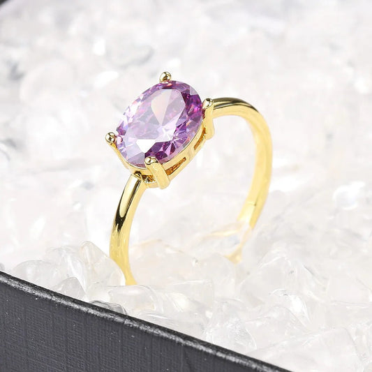 Gold Radiant Oval Purple Gem & Polished Band Ring-Ariette Jewelry
