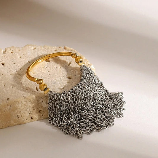 Gold & Silver Fringe Chain Adjustable Ring-Ariette Jewelry
