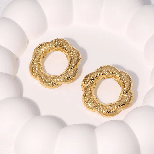 Vintage Gold Hammered Flower Hoop Earrings-Ariette Jewelry