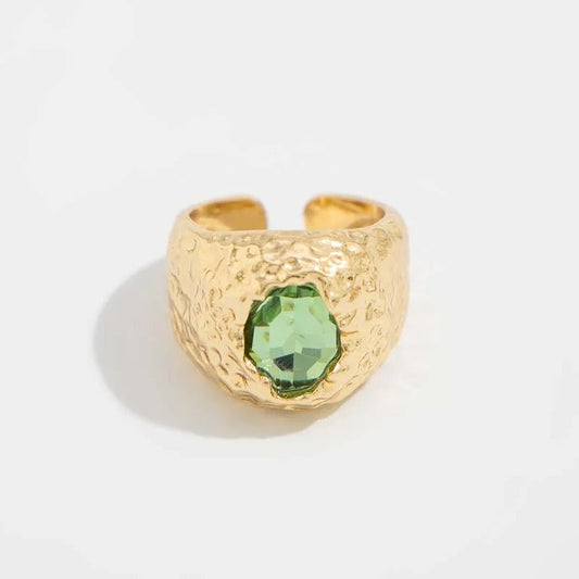 Gold Green Gemstone Textured Adjustable Ring-Ariette Jewelry