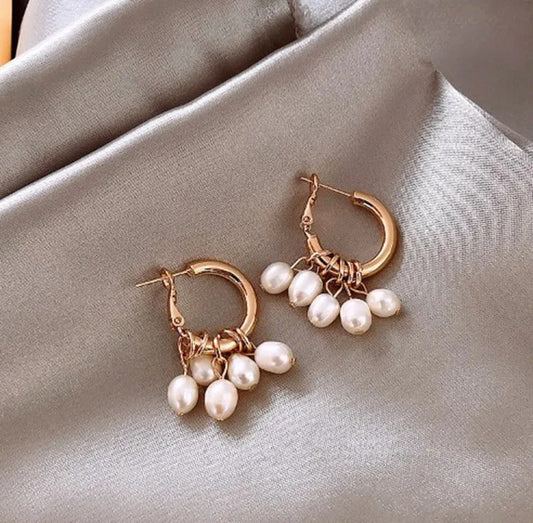 Vintage Gold & Pearl Drop Hoop Earrings-Ariette Jewelry
