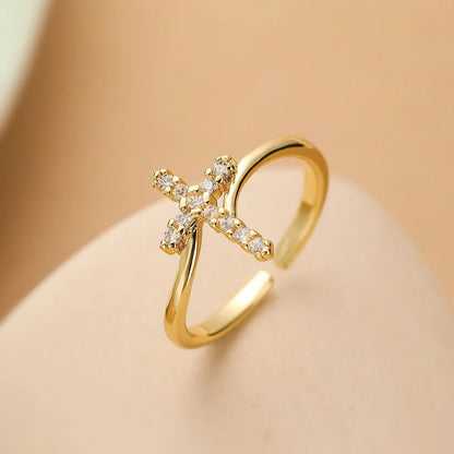 Gold Crystal Cross Resizable Ring-Ariette Jewelry