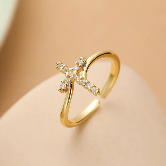 Gold Crystal Cross Resizable Ring-Ariette Jewelry