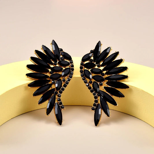 Vintage Black Wing Crystal Gold Earrings-Ariette Jewelry