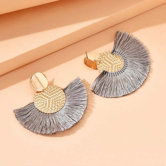 Gold Circular Top Silver Fringed Earrings-Ariette Jewelry
