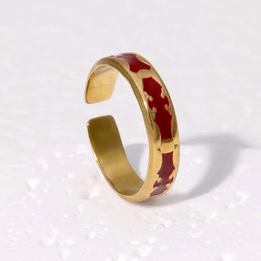 Vintage Gold Sleek Red Inlay Adjustable Ring-Ariette Jewelry