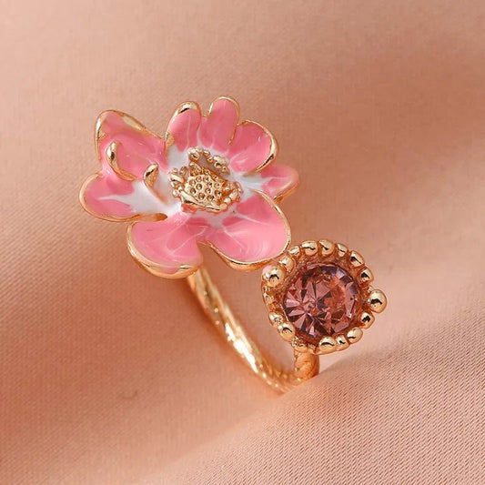 Vintage Pink Floral & Rose Gemstone Open Ring-Ariette Jewelry