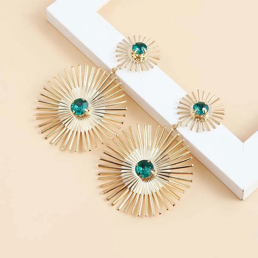 Gold Sunburst Turquoise Long Spikes Earrings-Ariette Jewelry