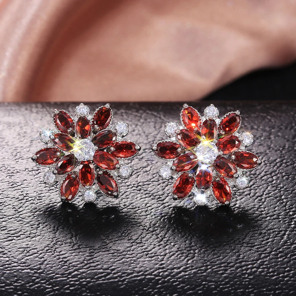 Red Petal Flower Crystal Earrings-Ariette Jewelry