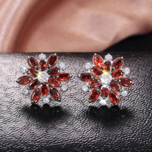 Red Petal Flower Crystal Earrings-Ariette Jewelry