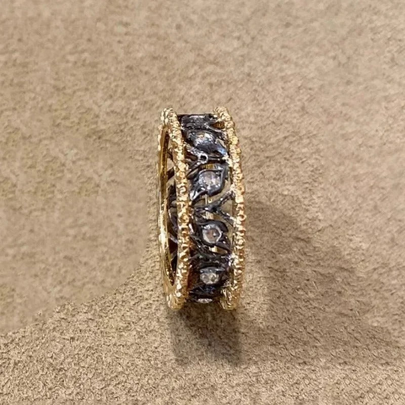 Vintage Gold & Black Carved Leaf Hollow Adjustable Ring-Ariette Jewelry
