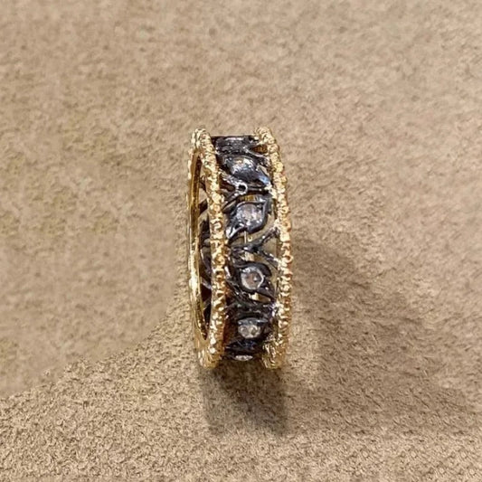Vintage Gold & Black Carved Leaf Hollow Adjustable Ring-Ariette Jewelry