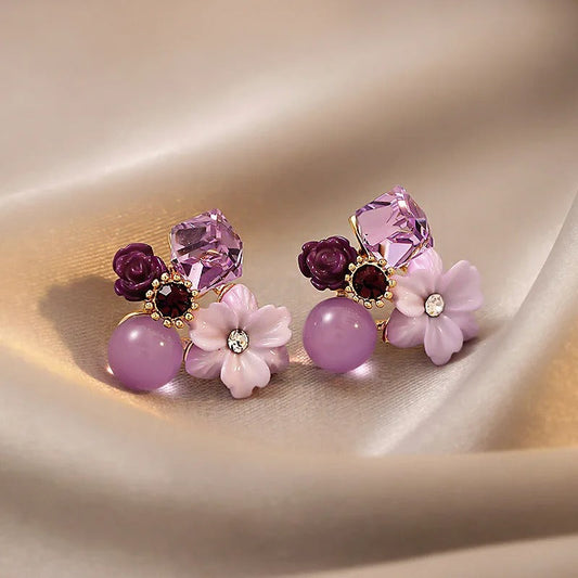 Vintage Floral & Crystal Lavender Earrings-Ariette Jewelry