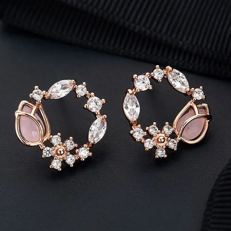 Rose Gold Crystal Flower Earrings-Ariette Jewelry
