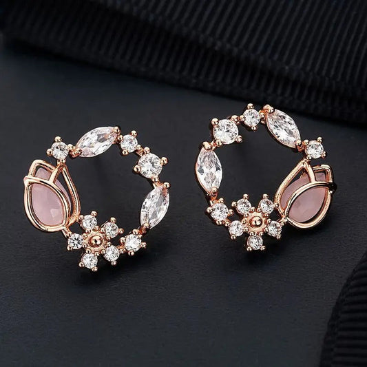 Rose Gold Crystal Flower Earrings-Ariette Jewelry
