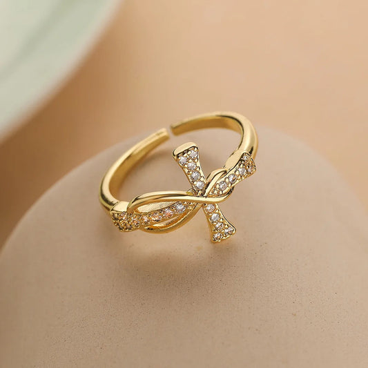 Gold Twisted Cross Resizable Ring-Ariette Jewelry
