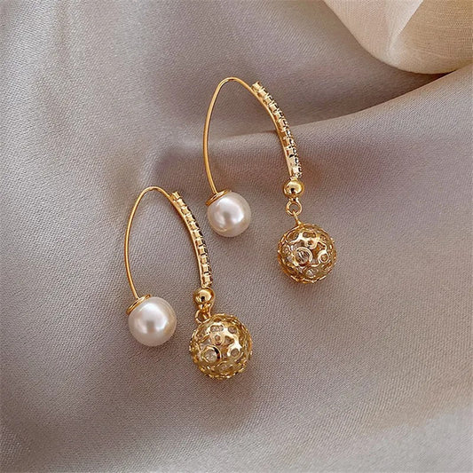 Vintage Gold & Pearl Dangle Earrings-Ariette Jewelry