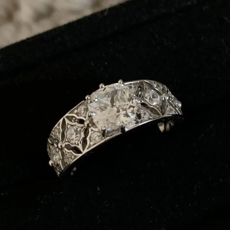 Vintage White Gold & Square Diamond Filigree Adjustable Ring-Ariette Jewelry