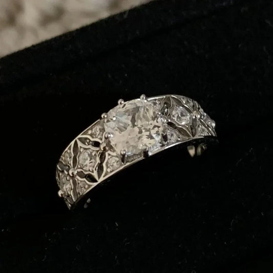 Vintage White Gold & Square Diamond Filigree Adjustable Ring-Ariette Jewelry