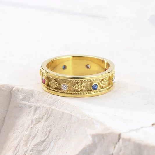 Vintage Gold Colorful Stone Band Ring-Ariette Jewelry