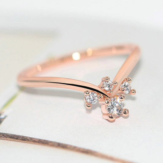 Rose Gold V-Shaped Band & Shimmering Crystal Ring-Ariette Jewelry