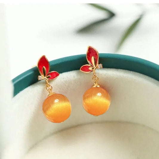Vintage Gold & Red Butterfly Orange Teardrop Earrings-Ariette Jewelry