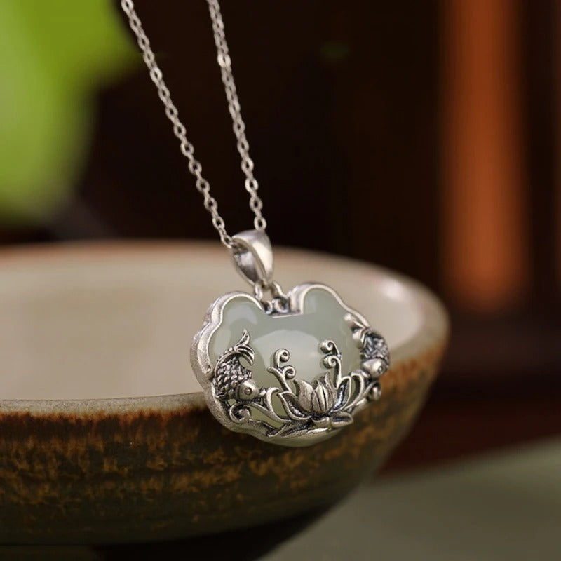 Vintage Silver Fish-Shaped Lotus Flower Necklace-Ariette Jewelry